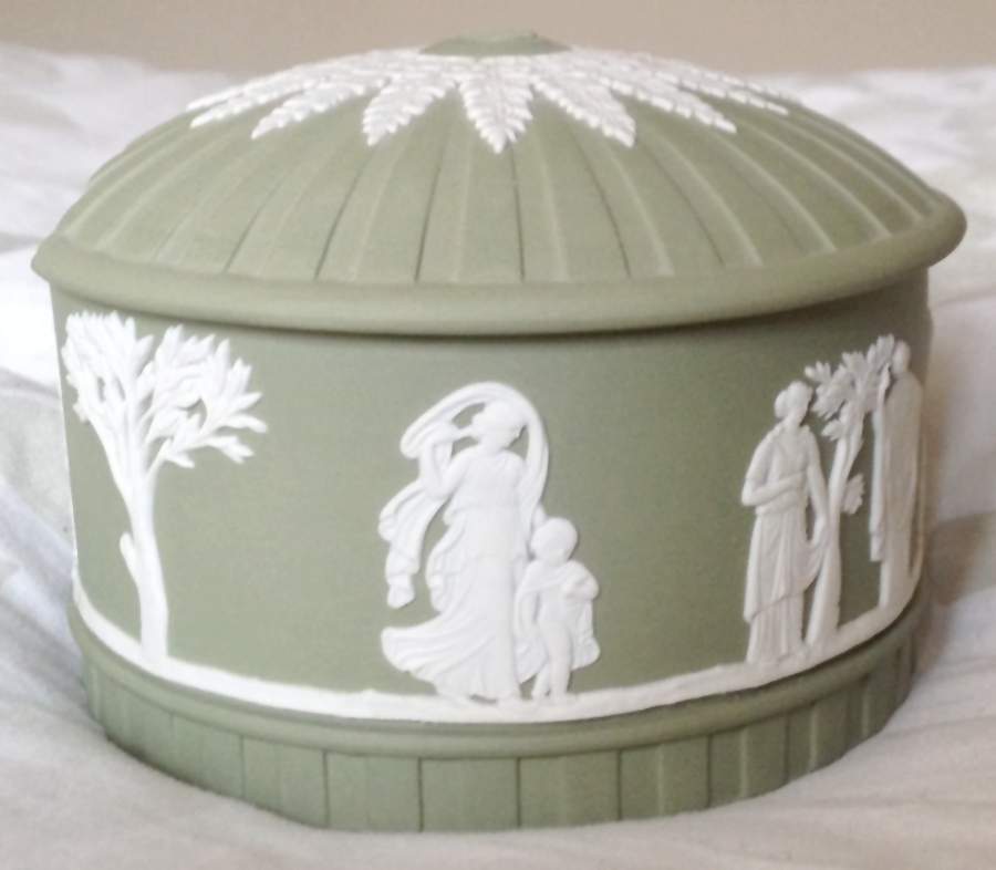 Cream Color on Celadon Jasperware Round Aphrodite Box with Lid by Wedgwood-1