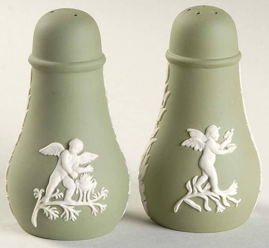 Cream Color on Celadon Jasperware Salt & Pepper Set by Wedgwood-1