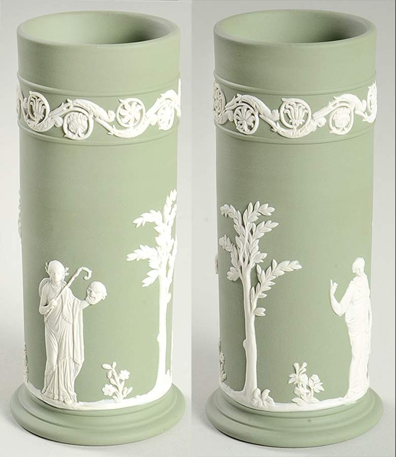 Cream Color on Celadon Jasperware 6" Spill Vase by Wedgwood-1
