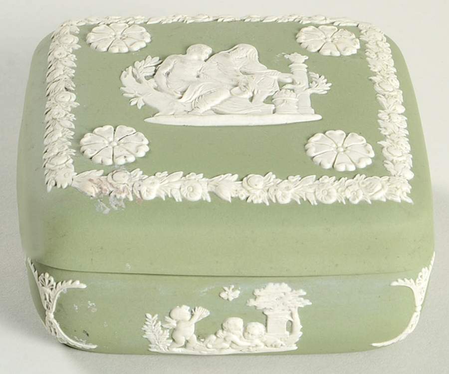 Cream Color on Celadon Jasperware Square Box with Lid by Wedgwood-1
