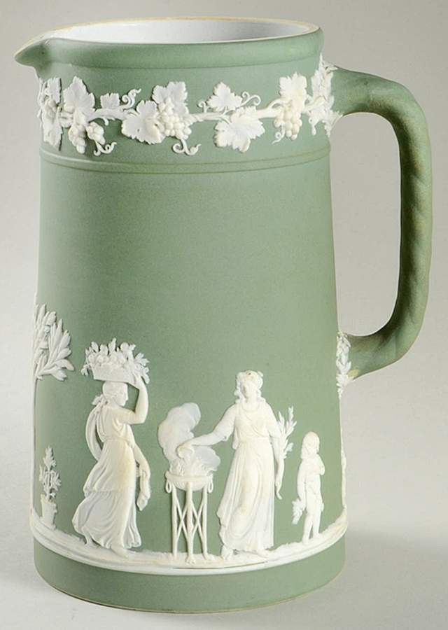 Cream Color on Celadon Jasperware 7" Large Trojan Jug by Wedgwood-1