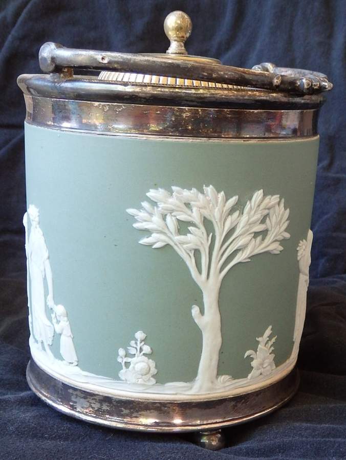 Cream Color on Celadon Jasperware Biscuit Barrel & Lid by Wedgwood-1