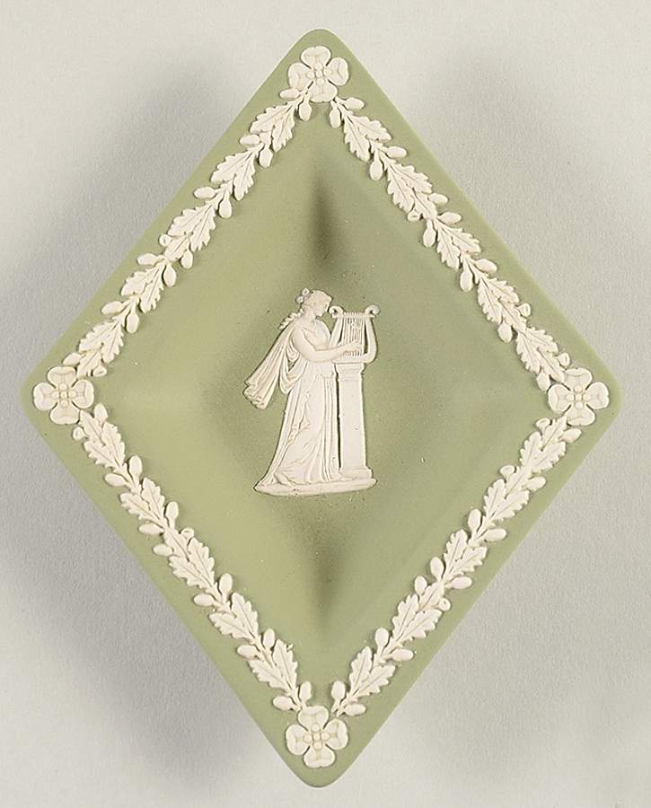 Cream Color on Celadon Jasperware Small Diamond Shape Ashtray by Wedgwood-1
