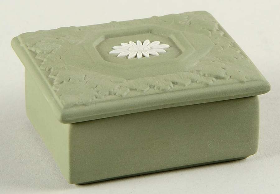 Cream Color on Celadon Jasperware Trinket Box & Lid by Wedgwood-1