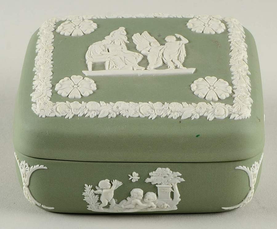 Cream Color on Celadon Jasperware Square Box with Lid by Wedgwood-1