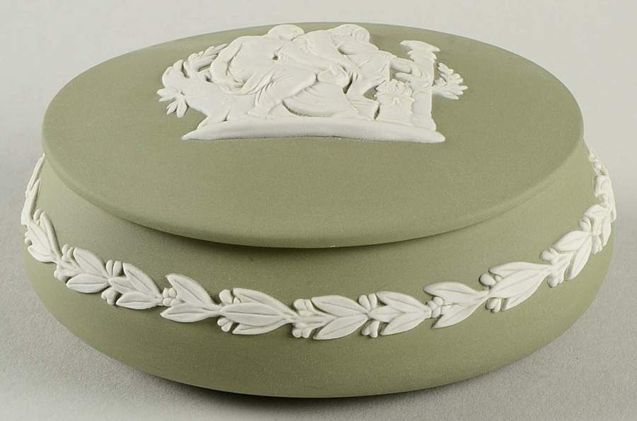 Cream Color on Celadon Jasperware Oval Apollo Box & Lid by Wedgwood-1