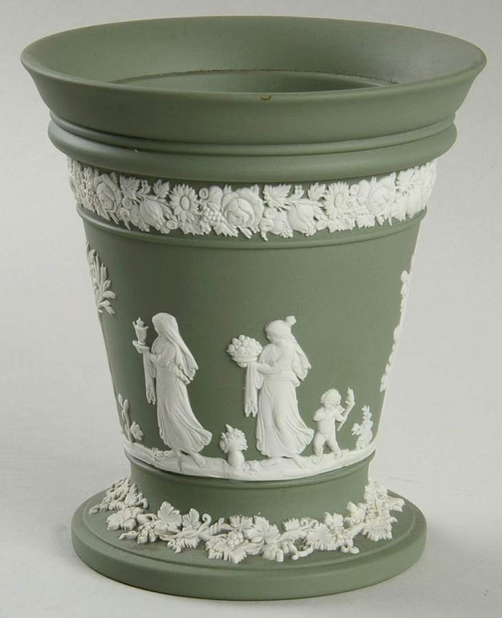 Cream Color on Celadon Jasperware Vase No Grid/Frog by Wedgwood-1