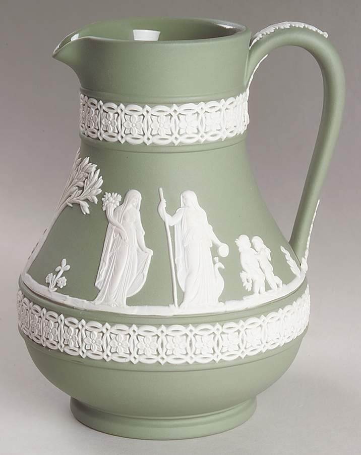Cream Color on Celadon Jasperware 5" Etruscan Jug by Wedgwood-1