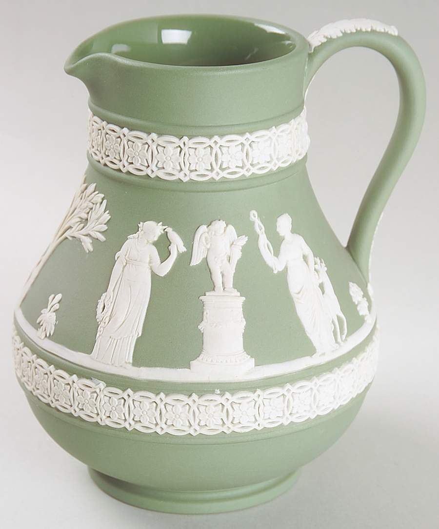 Cream Color on Celadon Jasperware 5" Etruscan Jug by Wedgwood-1