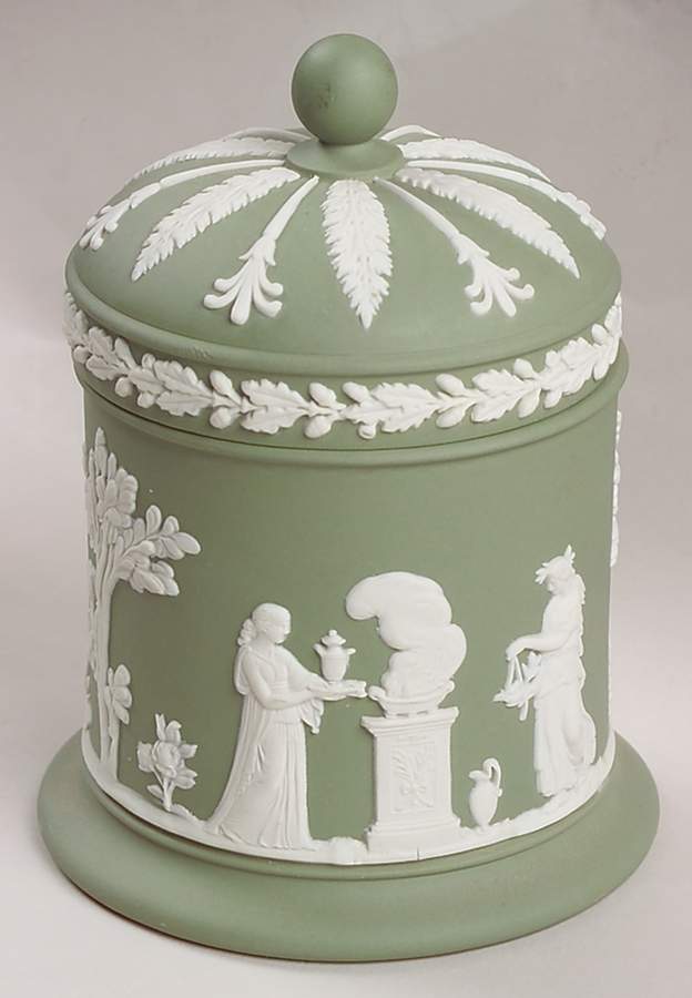 Cream Color on Celadon Jasperware Olympus Jar & Lid by Wedgwood-1