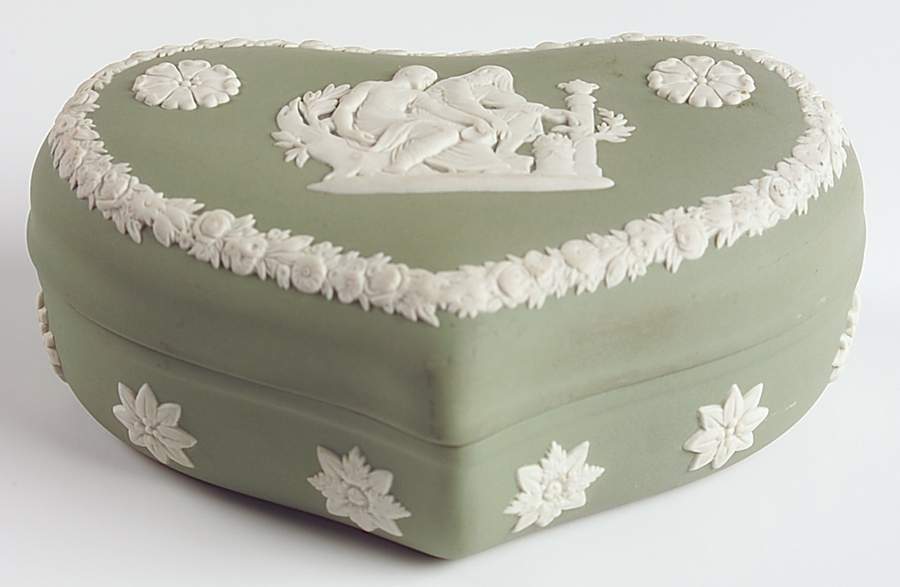 Cream Color on Celadon Jasperware Heart Shape Box & Lid by Wedgwood-1