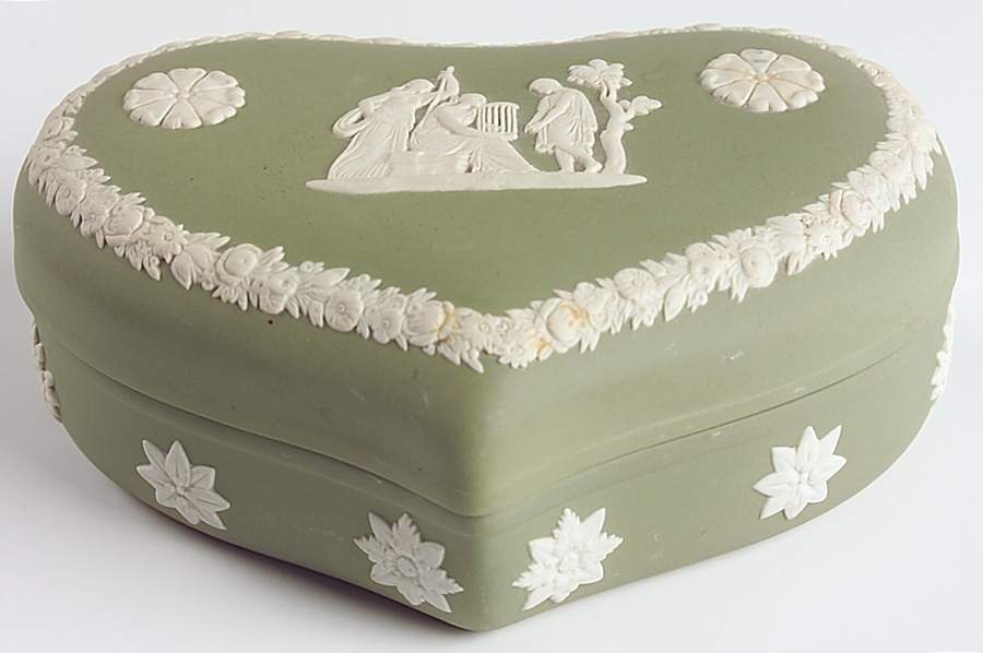 Cream Color on Celadon Jasperware Heart Shape Box & Lid by Wedgwood-1