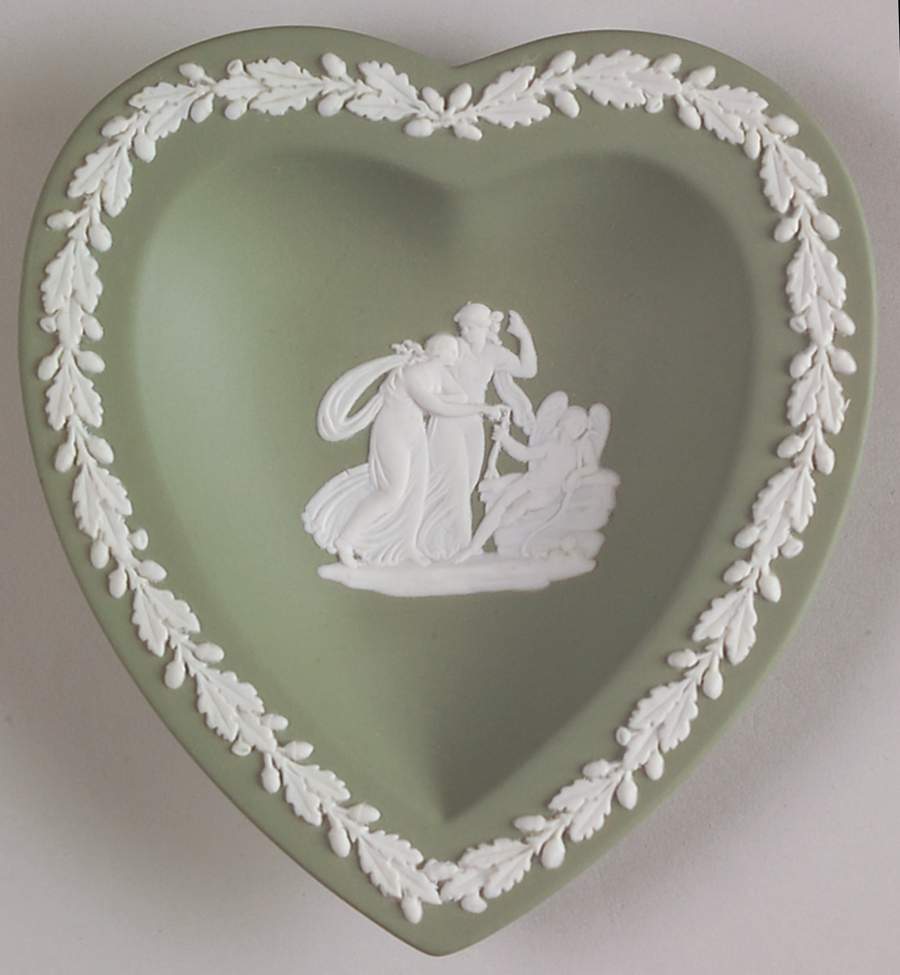 Cream Color on Celadon Jasperware Small Heart Shape Ashtray by Wedgwood-1