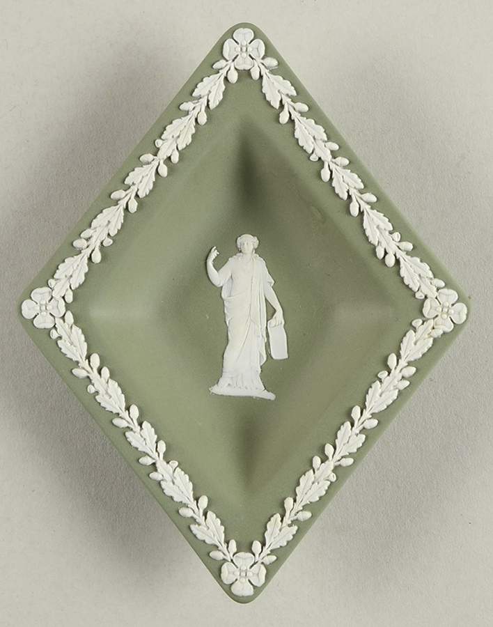 Cream Color on Celadon Jasperware Small Diamond Shape Ashtray by Wedgwood-1