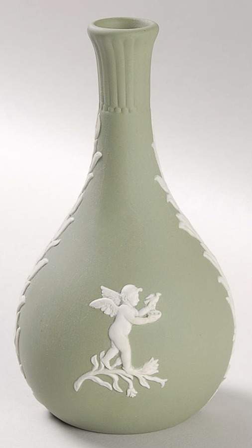 Cream Color on Celadon Jasperware Seasons Bud Vase by Wedgwood-1