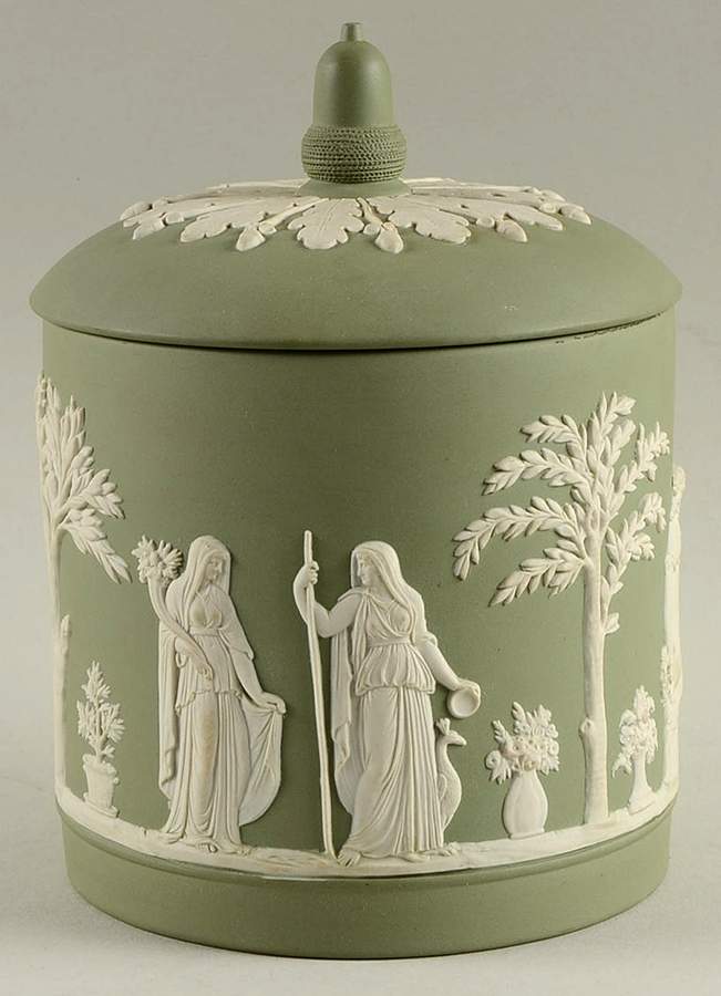 Cream Color on Celadon Jasperware Biscuit Barrel & Lid by Wedgwood-1