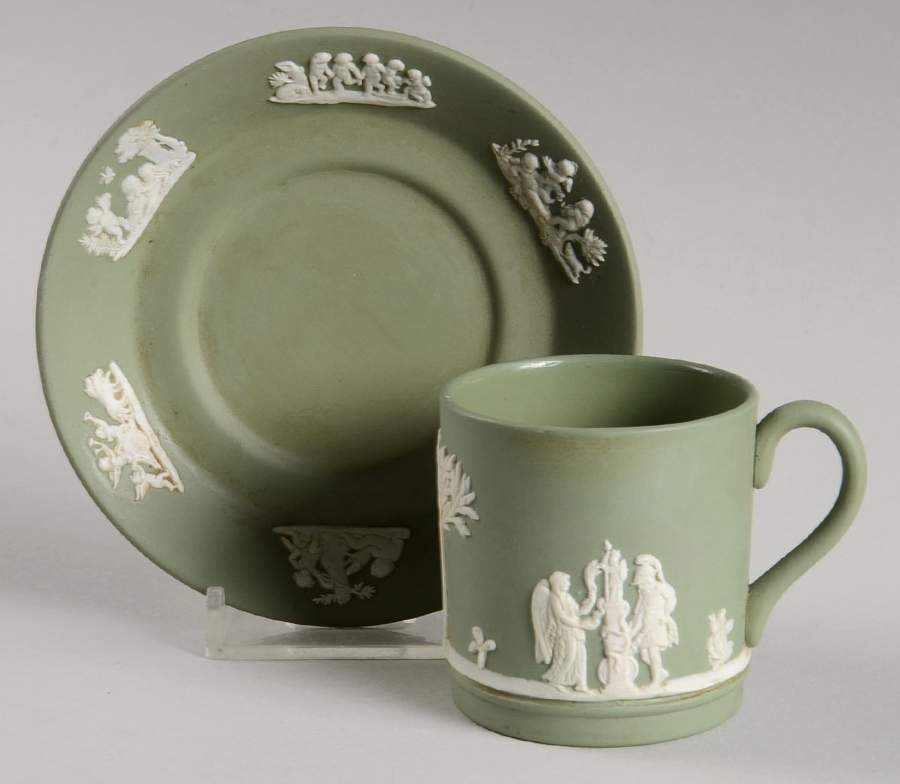 Cream Color on Celadon Jasperware Flat Demitasse Cup & Saucer Set by Wedgwood-1