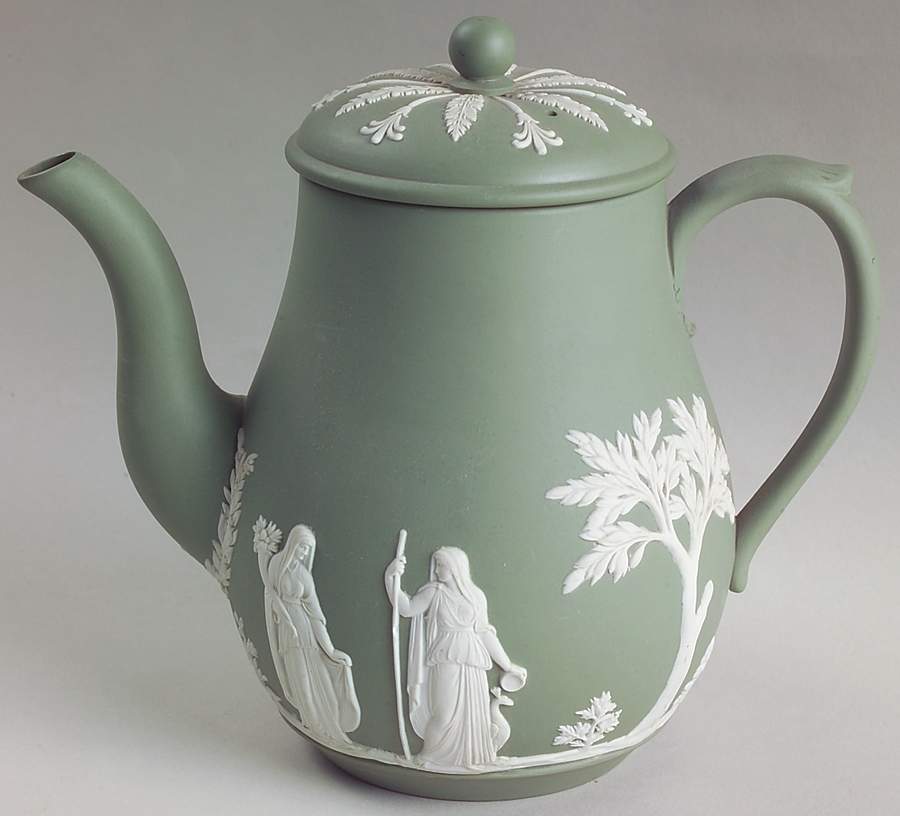 Cream Color on Celadon Jasperware Coffee Pot & Lid by Wedgwood-1