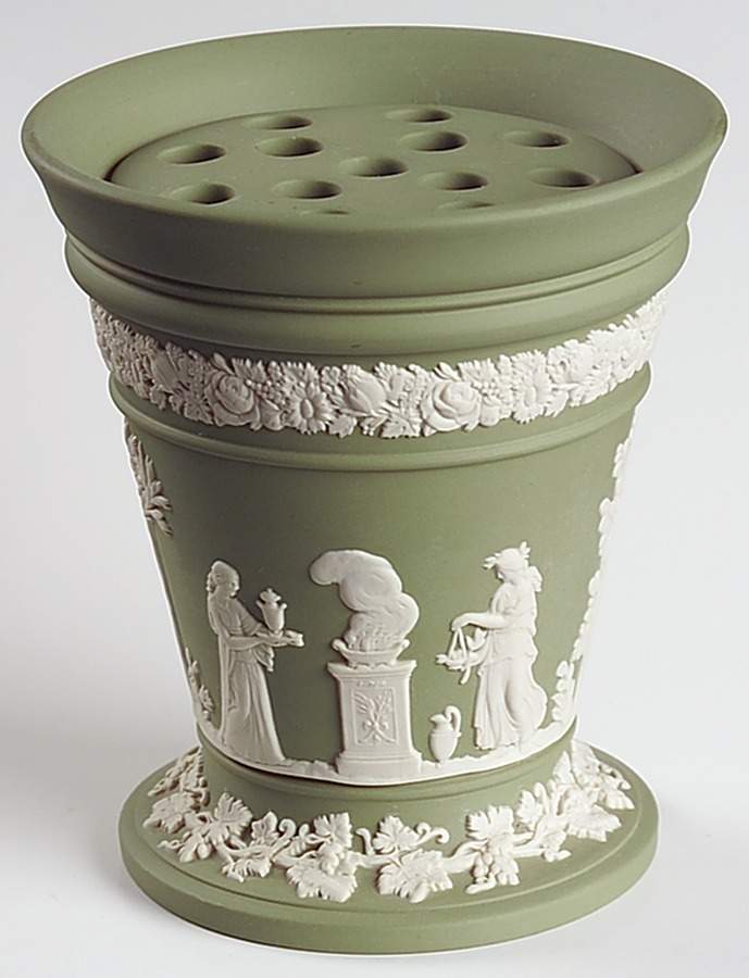 Cream Color on Celadon Jasperware Vase & Frog/Grid by Wedgwood-1