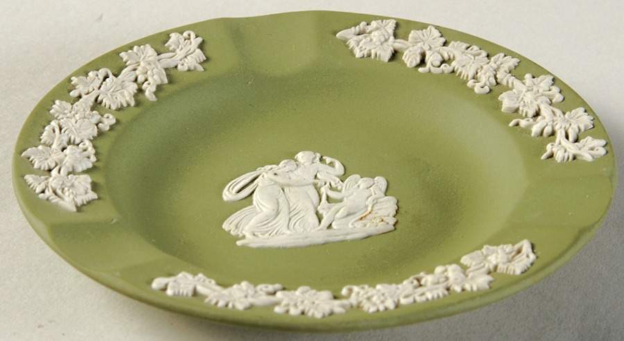 Cream Color on Celadon Jasperware 3 Slot Round Ashtray by Wedgwood-1