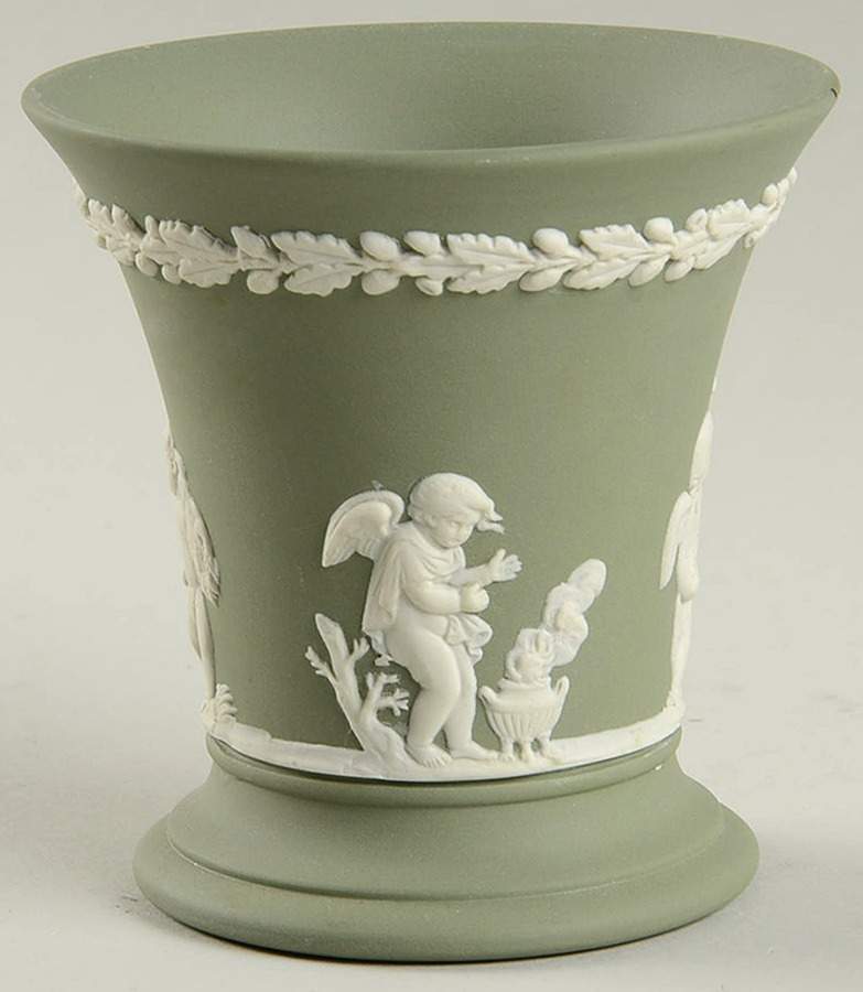 Cream Color on Celadon Jasperware Posey Pot by Wedgwood-1