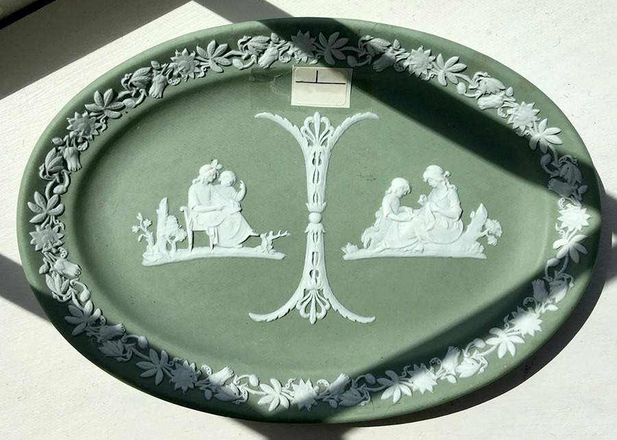 Cream Color on Celadon Jasperware 9" Oval Tray by Wedgwood-1