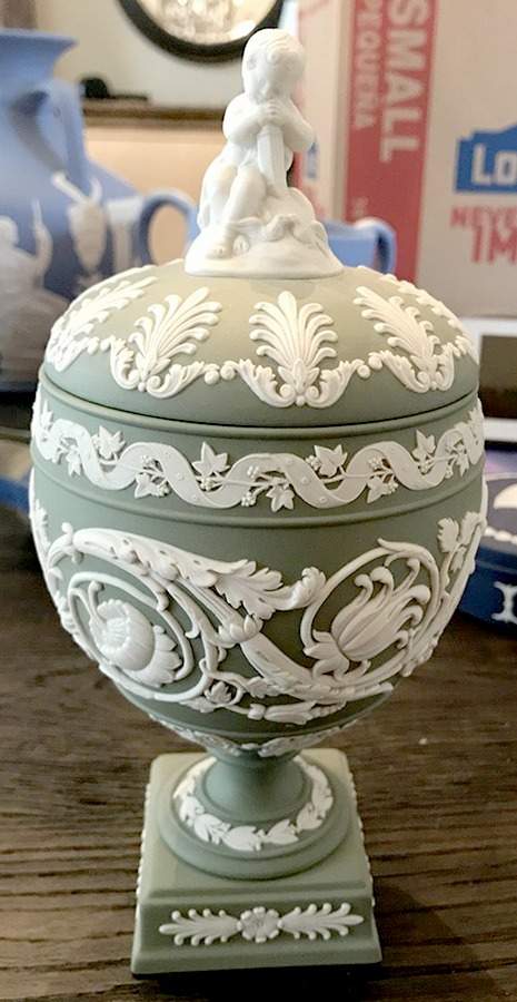 Cream Color on Celadon Jasperware Arabesque Vase with Lid by Wedgwood-1