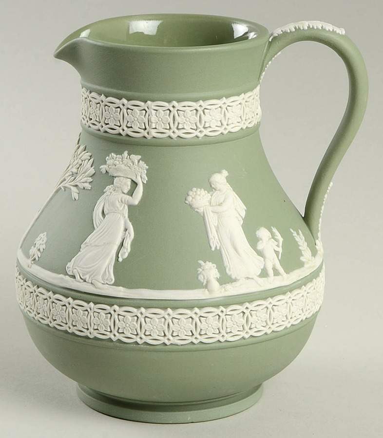 Cream Color on Celadon Jasperware 4" Etruscan Jug by Wedgwood-1