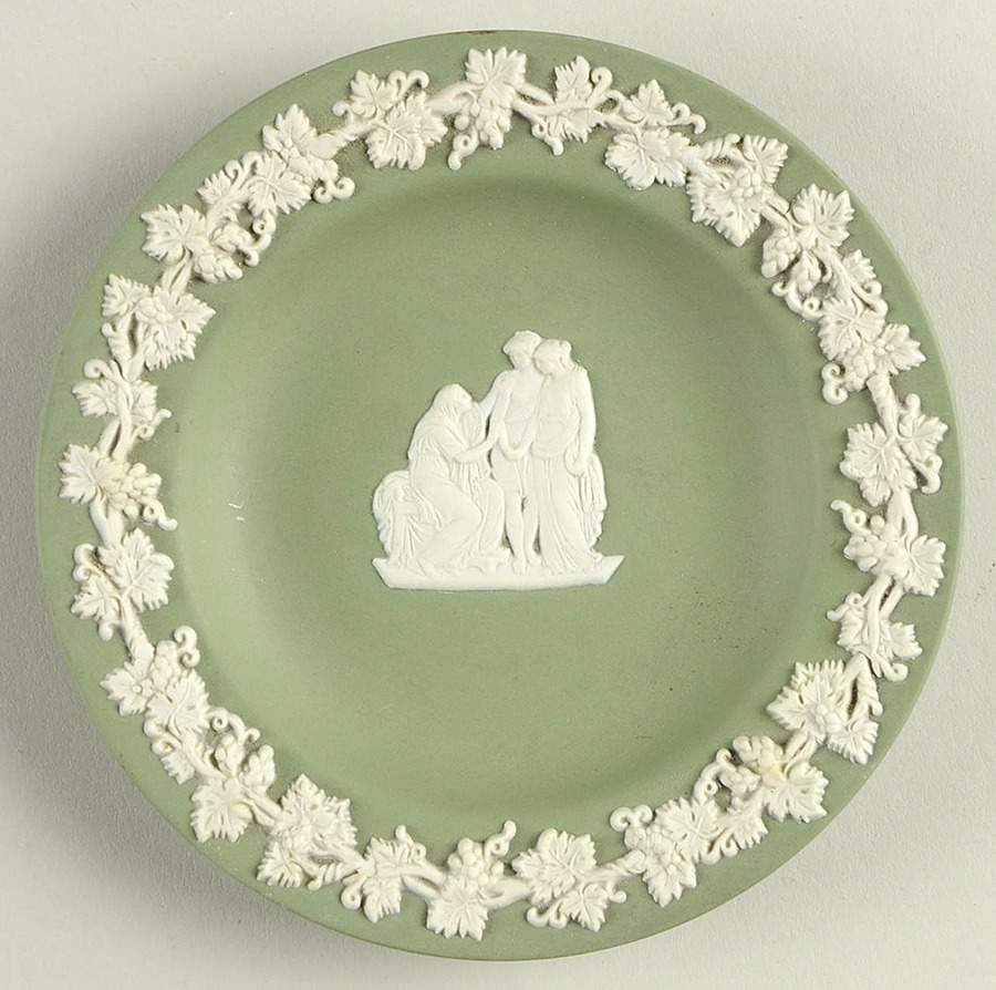 Cream Color on Celadon Jasperware 4" Round Tray by Wedgwood-1