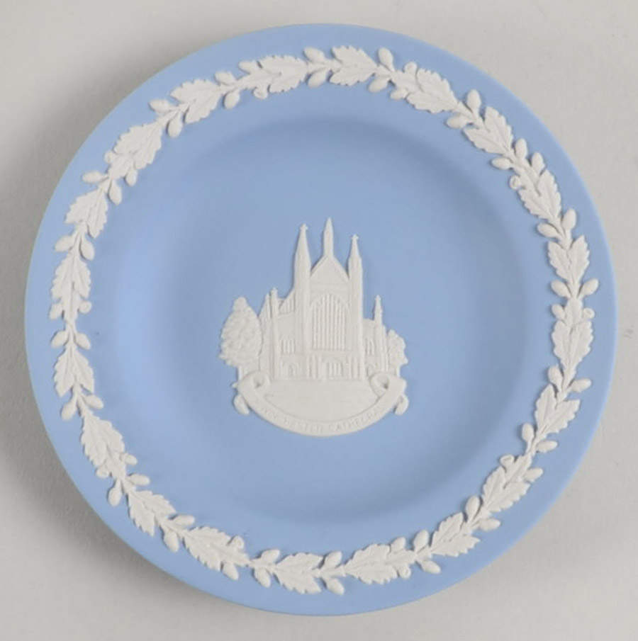 Cream Color on Lavender (Pale Blue) Jasperware Round Landmark Tray by Wedgwood-1