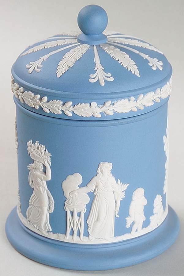 Cream Color on Lavender (Pale Blue) Jasperware Olympus Jar & Lid by Wedgwood-1