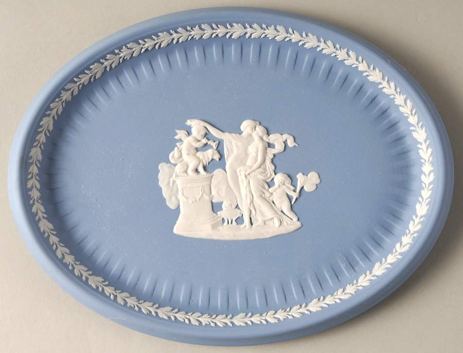 Cream Color on Lavender (Pale Blue) Jasperware 10" Oval Tray by Wedgwood-1