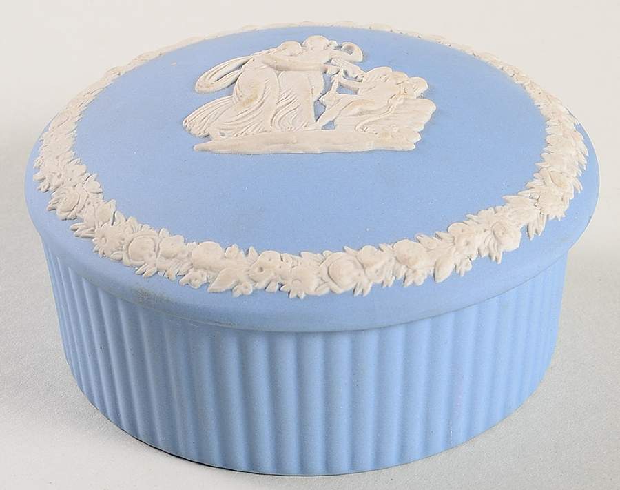 Cream Color on Lavender (Pale Blue) Jasperware 3" Round Fluted Box & Lid by Wedgwood-1