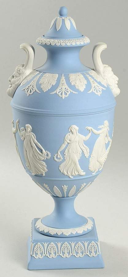 Cream Color on Lavender (Pale Blue) Jasperware Covered Vase by Wedgwood-1