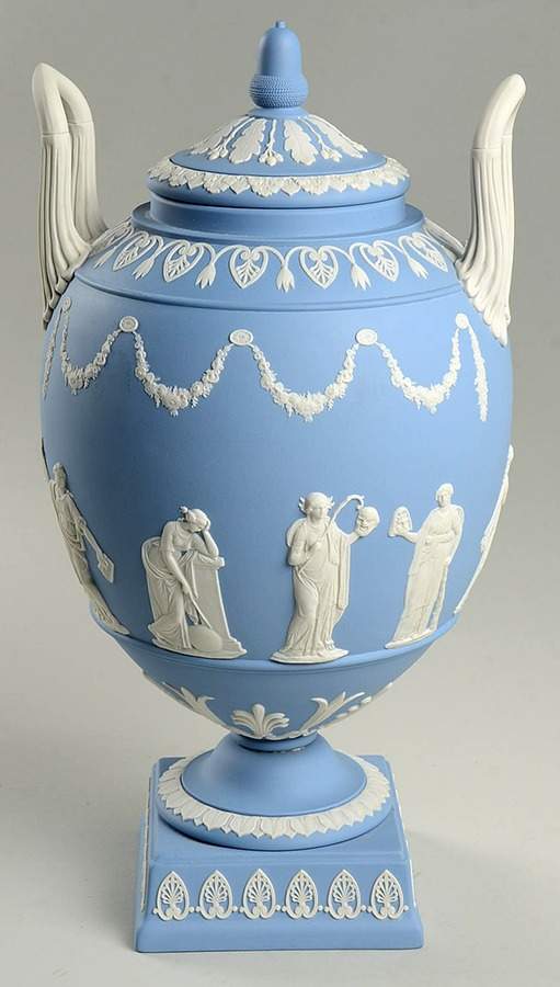 Cream Color on Lavender (Pale Blue) Jasperware Muses Urn Vase by Wedgwood-1
