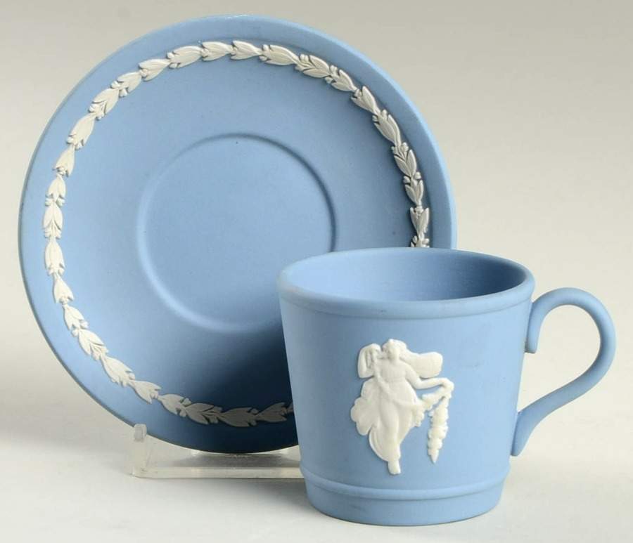 Cream Color on Lavender (Pale Blue) Jasperware Flat Demitasse Cup & Saucer Set by Wedgwood-1
