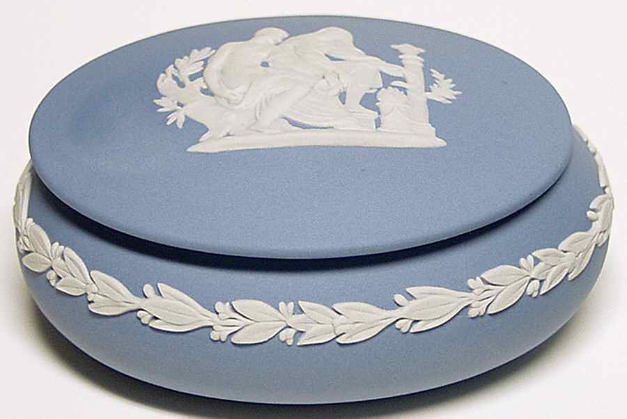 Cream Color on Lavender (Pale Blue) Jasperware Oval Apollo Box & Lid by Wedgwood-1
