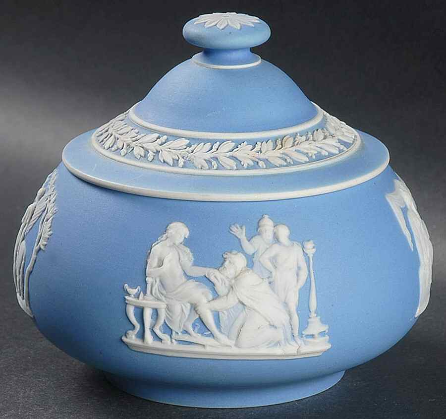 Cream Color on Lavender (Pale Blue) Jasperware Puff Box & Lid by Wedgwood-1