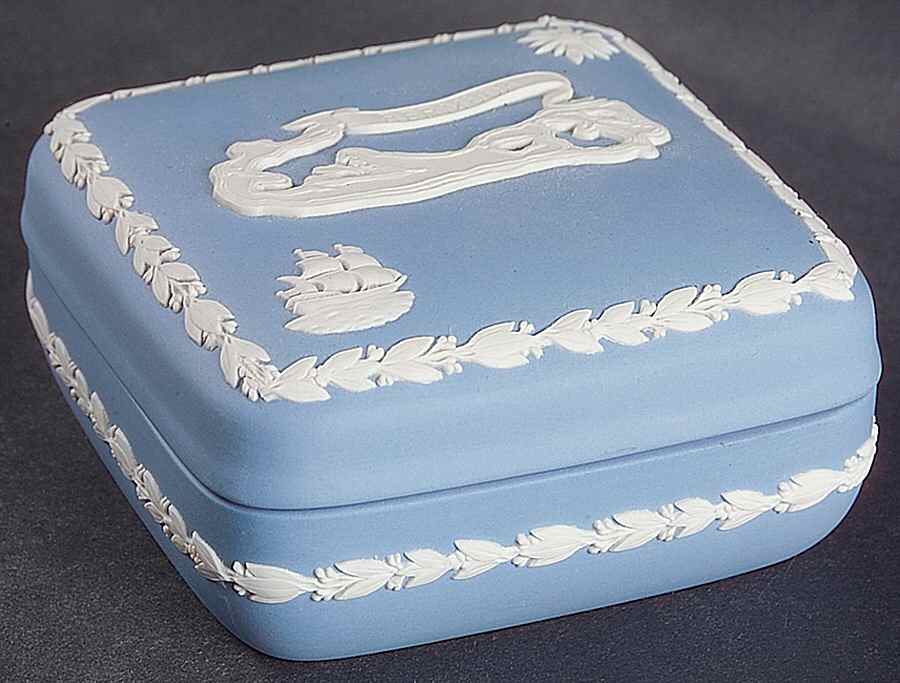 Cream Color on Lavender (Pale Blue) Jasperware Square Box with Lid by Wedgwood-1