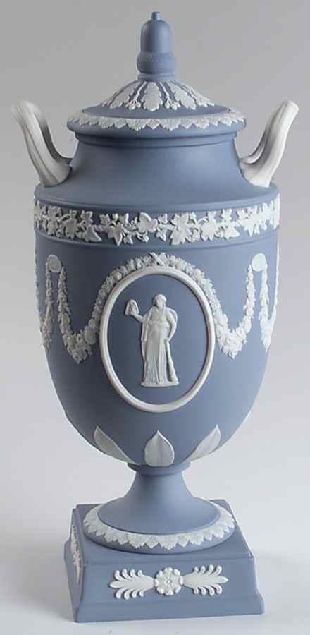 Cream Color on Lavender (Pale Blue) Jasperware 12" Vase/Urn & Llid by Wedgwood-1