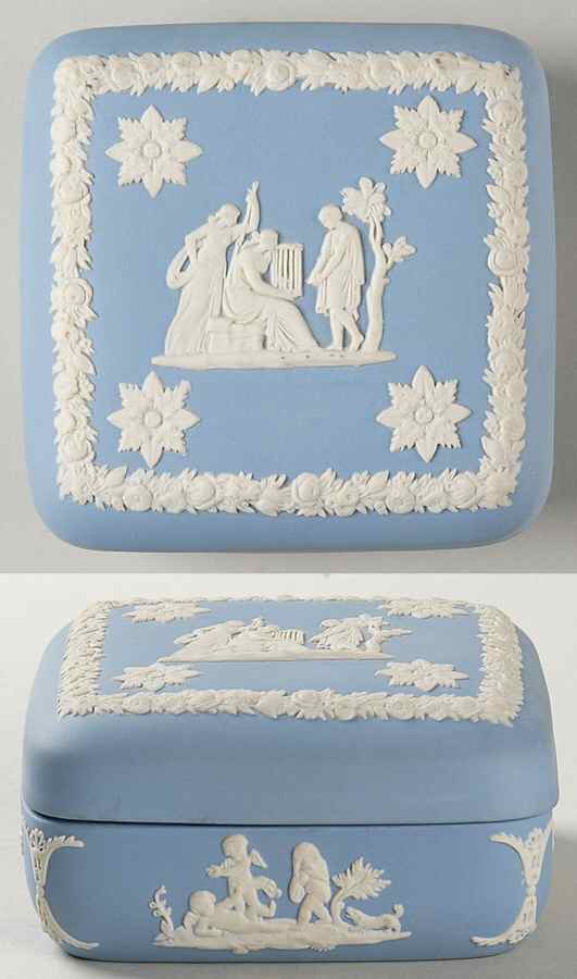 Cream Color on Lavender (Pale Blue) Jasperware Square Box with Lid by Wedgwood-1