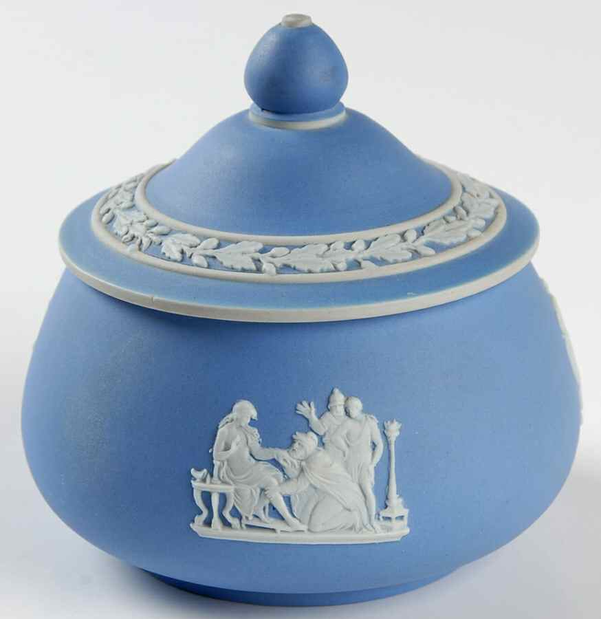 Cream Color on Lavender (Pale Blue) Jasperware Puff Box & Lid by Wedgwood-1