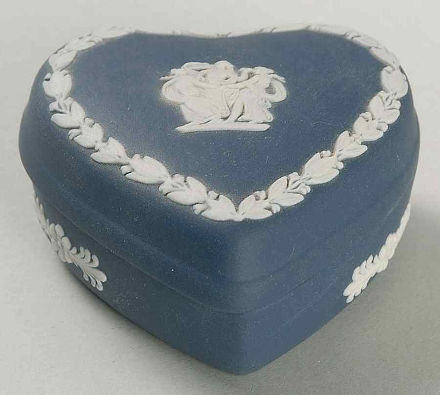 Cream Color on Portland Blue Jasperware Small Heart Shape Box & Lid by Wedgwood-1
