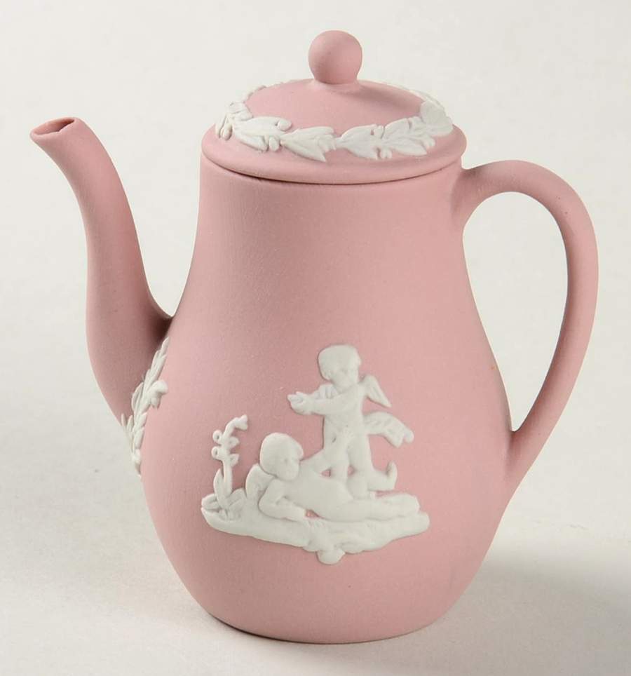 Cream Color on Pink Jasperware Miniature Coffee Pot & Lid by Wedgwood-1