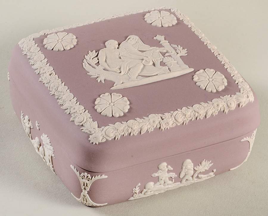 Cream Color on Pink Jasperware Square Box with Lid by Wedgwood-1