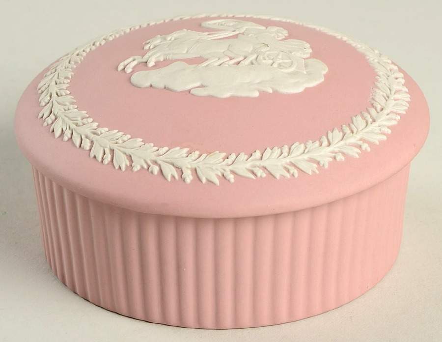 Cream Color on Pink Jasperware 3" Fluted Round Box & Lid by Wedgwood-1