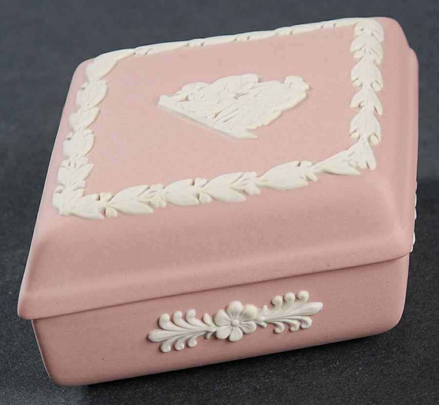 Cream Color on Pink Jasperware Diamond Shaped Box with Lid by Wedgwood-1