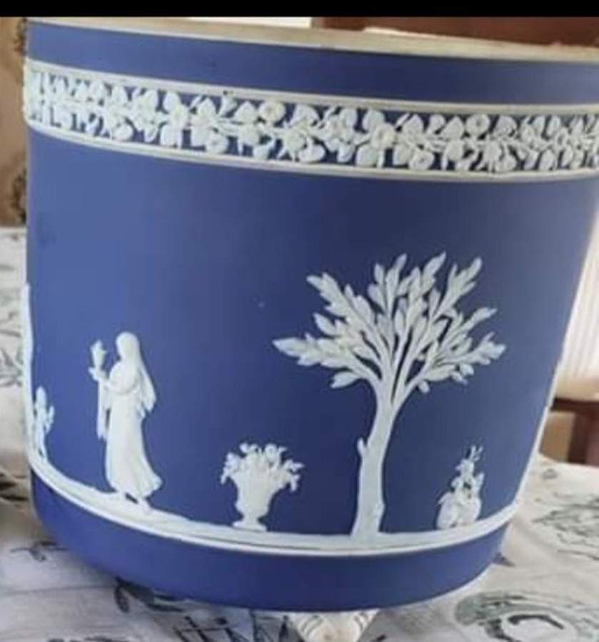 Cream Color on Wedgwood Blue Jasperware 8" Jardiniere by Wedgwood-1