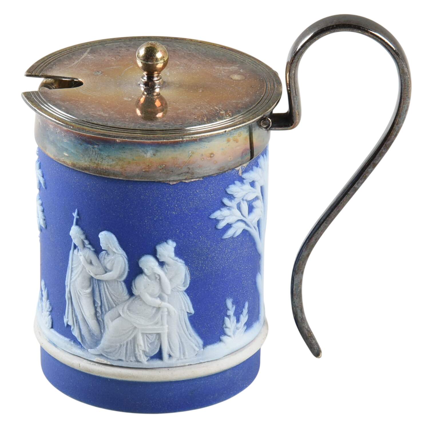 Cream Color on Wedgwood Blue Jasperware Mustard Jar with Hinged Metal Lid by Wedgwood-1