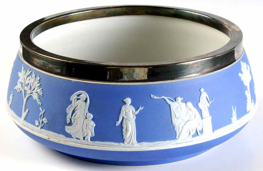 Cream Color on Wedgwood Blue Jasperware 8" Salad Serving Bowl W/Metal Rim by Wedgwood-1